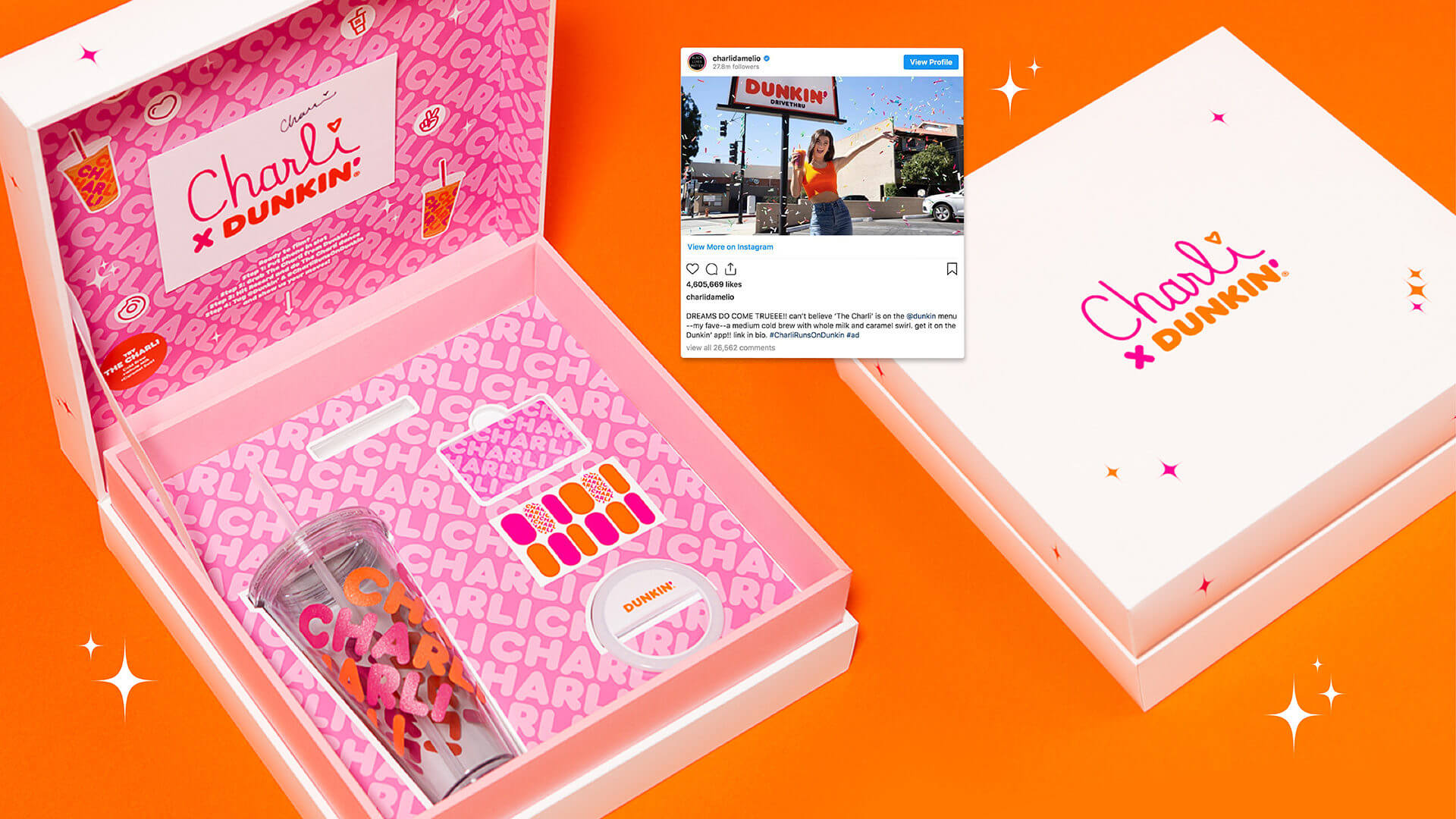 Collage showing Dunkin collaboration with Charli D'Amelio