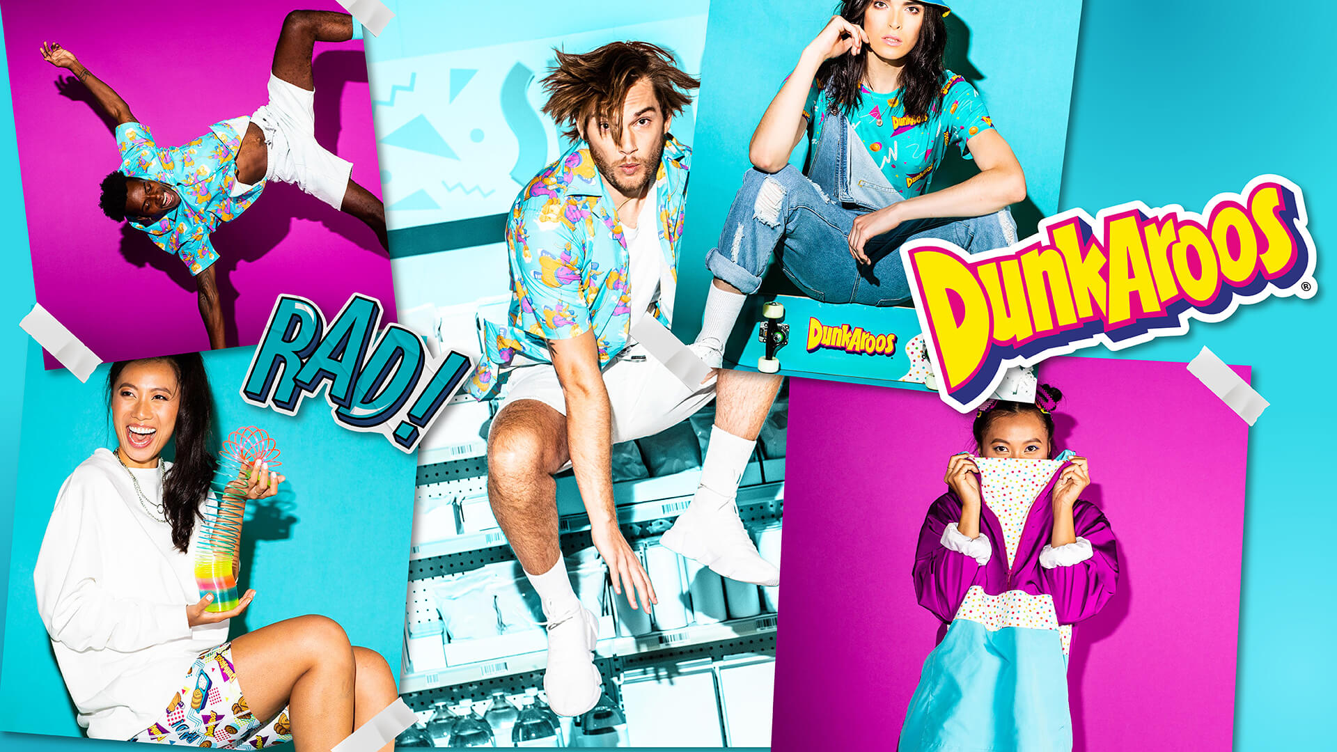 DunkAroos collage of 5 individuals wearing DunkAroos merchandise.