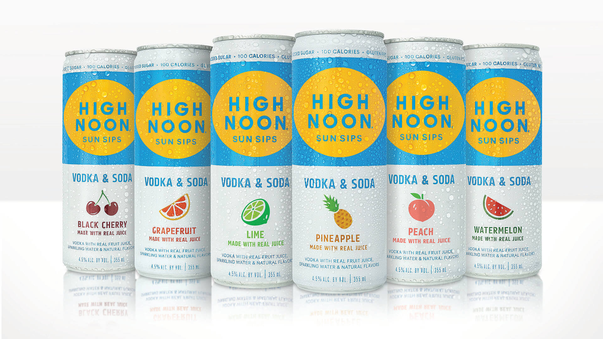 Lineup of all the High Noon Sun Sips Vodka & Soda flavors