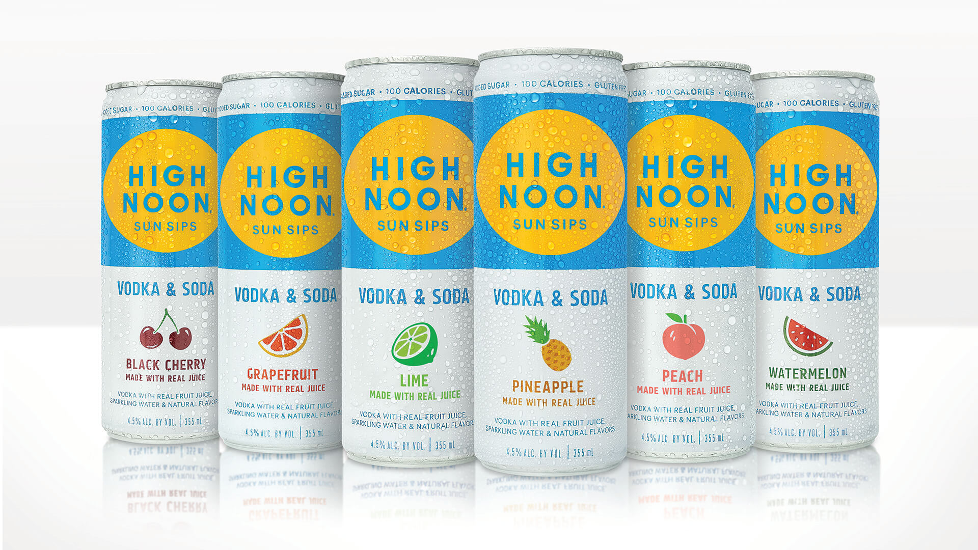 Lineup of all the High Noon Sun Sips Vodka & Soda flavors