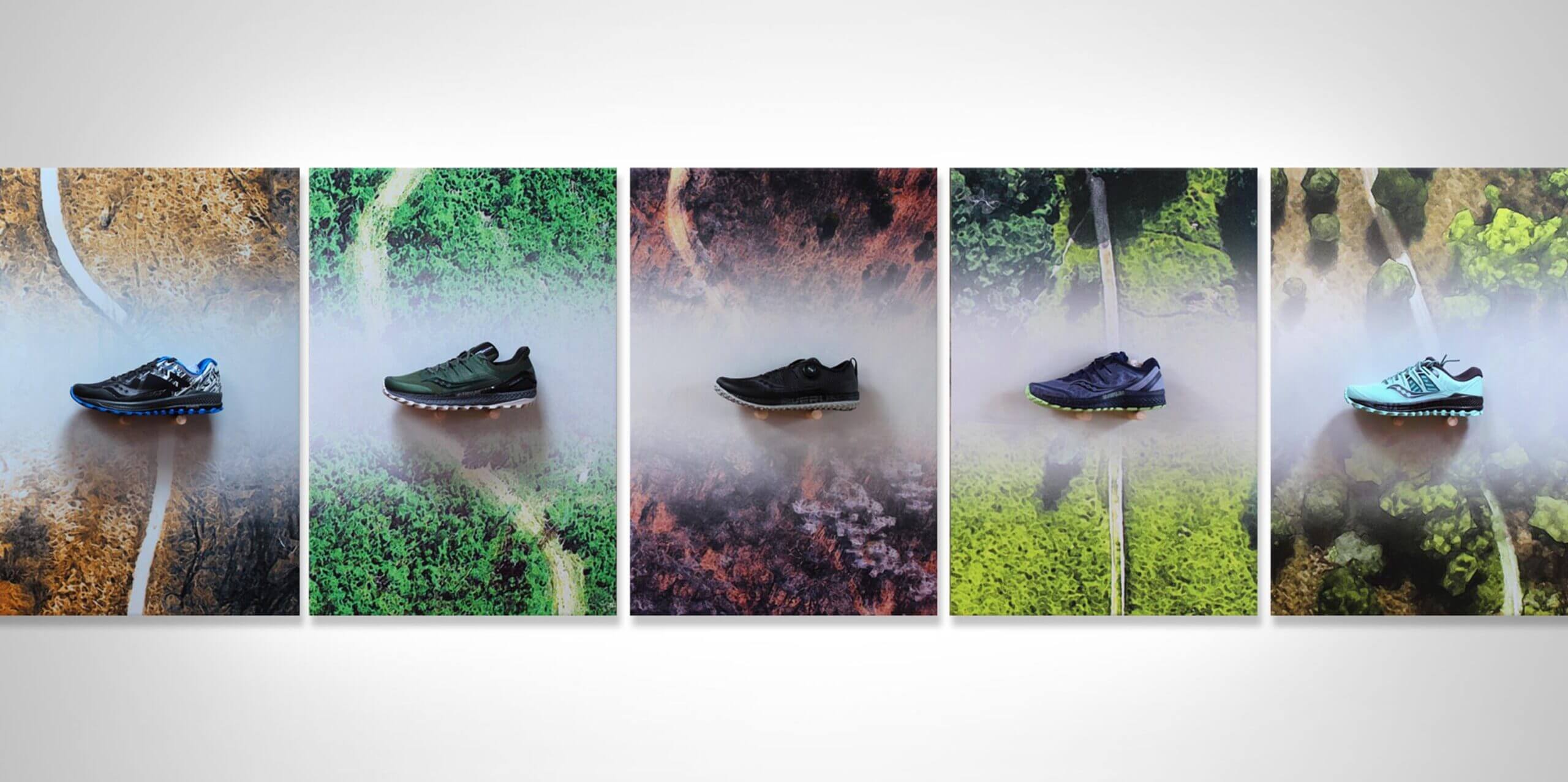 Five sneakers displayed on wall hangings of trails that go through different terrains