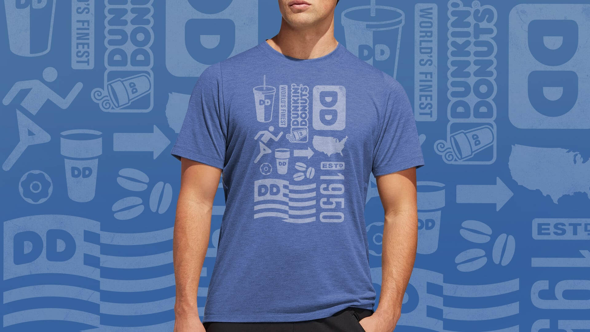 A person in a blue Dunkin' Donuts tshirt