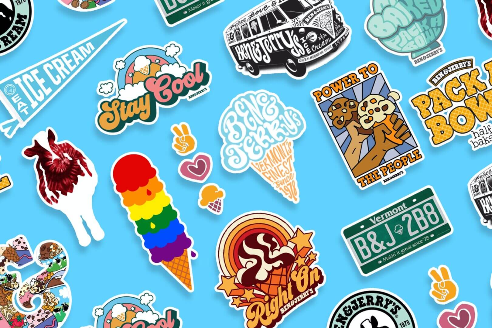 Various colorful stickers of Ben & Jerry's logos
