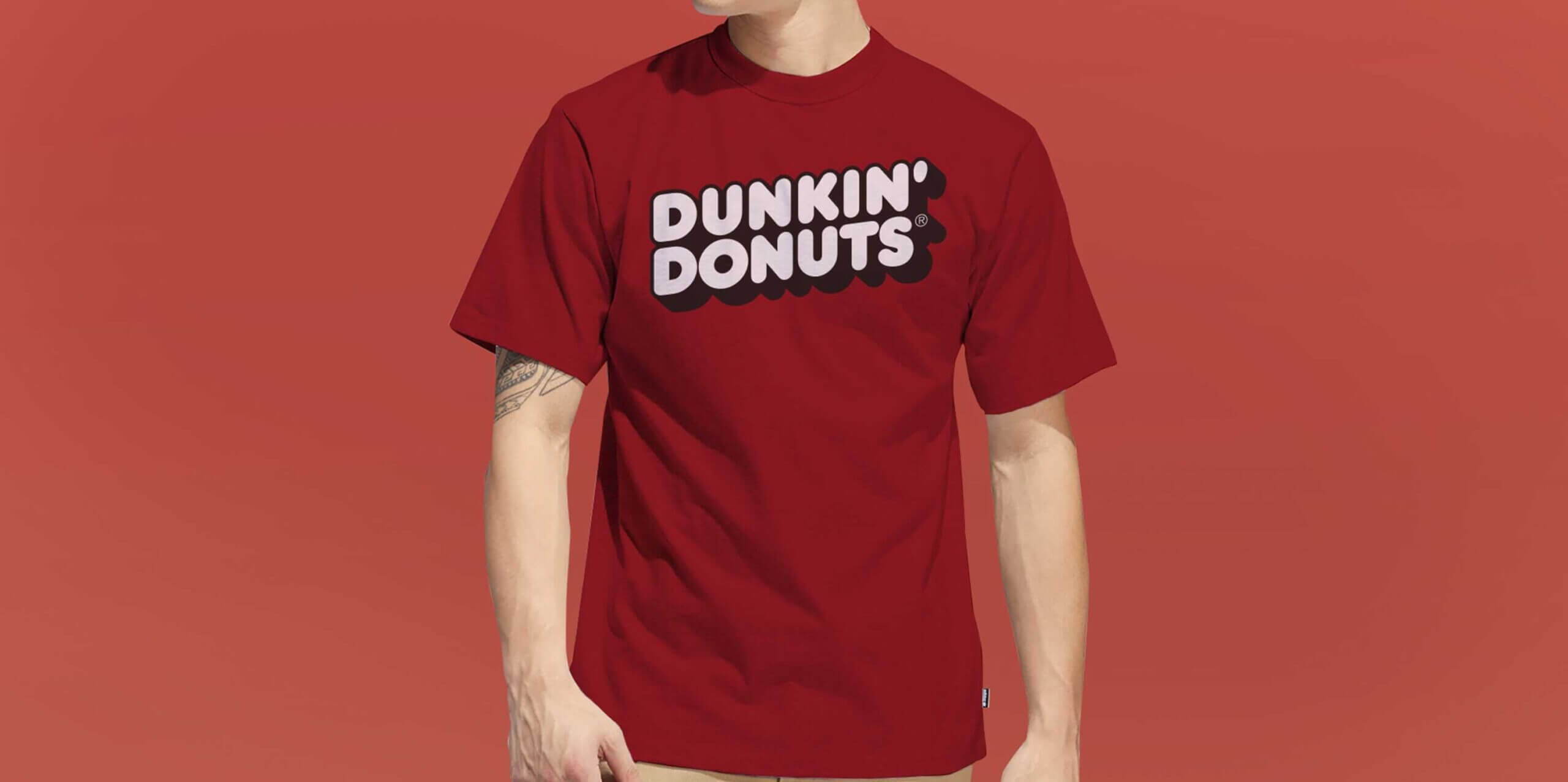 A person in a red Dunkin' Donuts tshirt