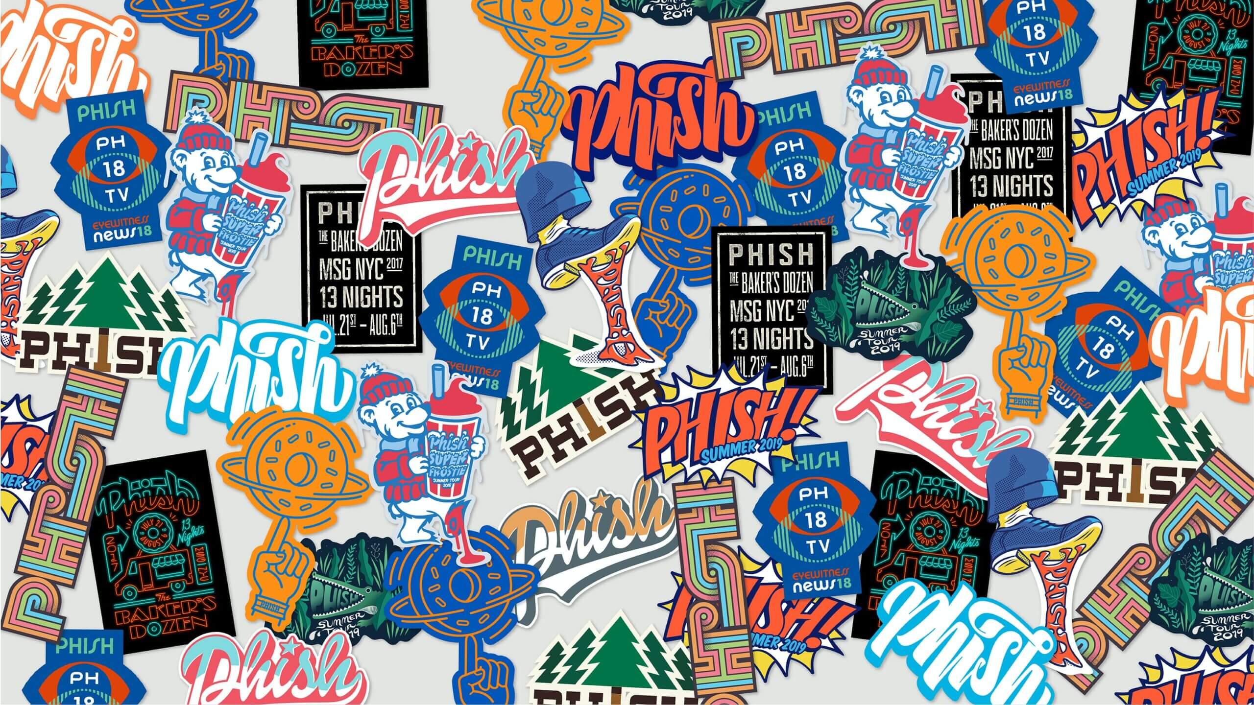 A collage of Phish stickers