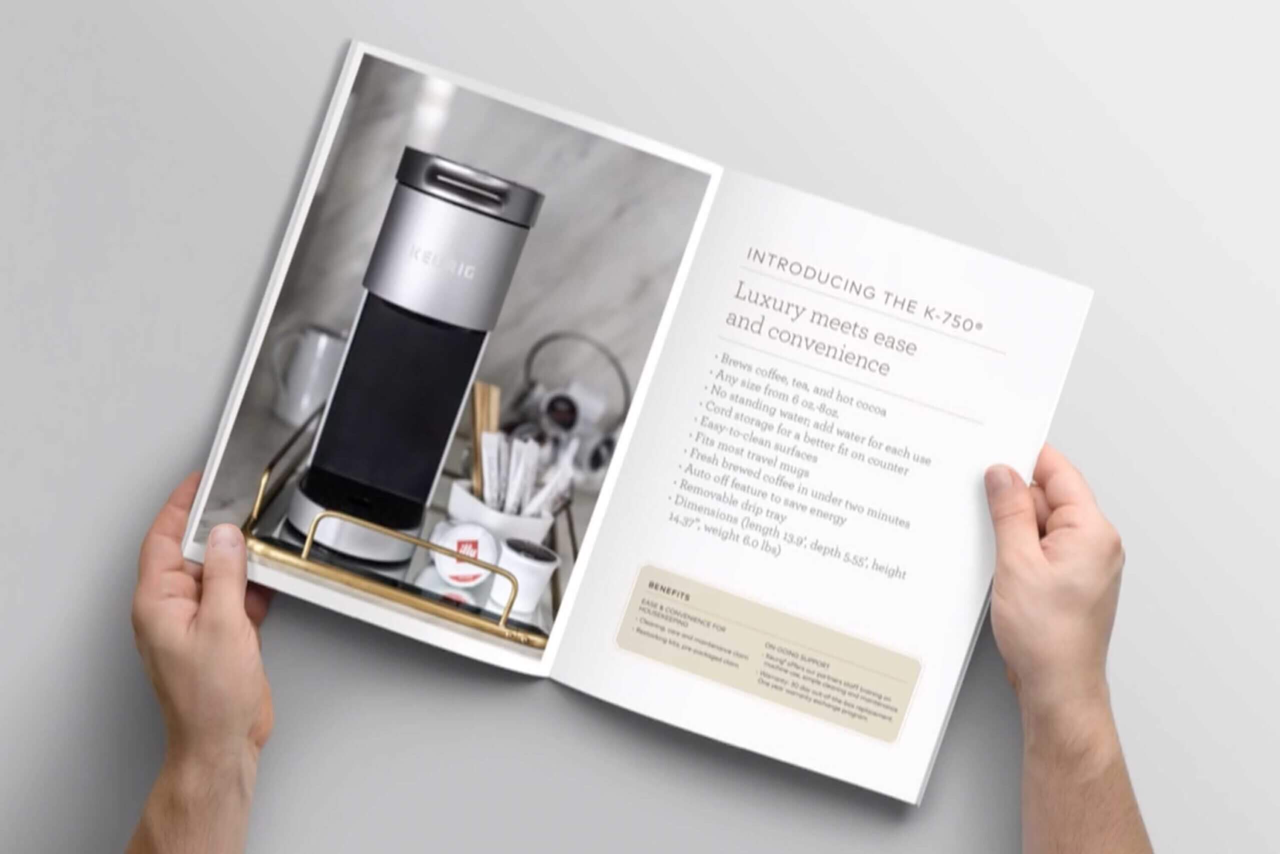An open brochure of the Keurig K-750