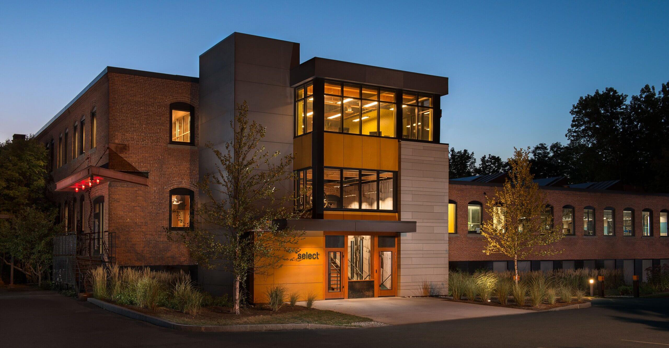 Exterior of Select Design office at dusk