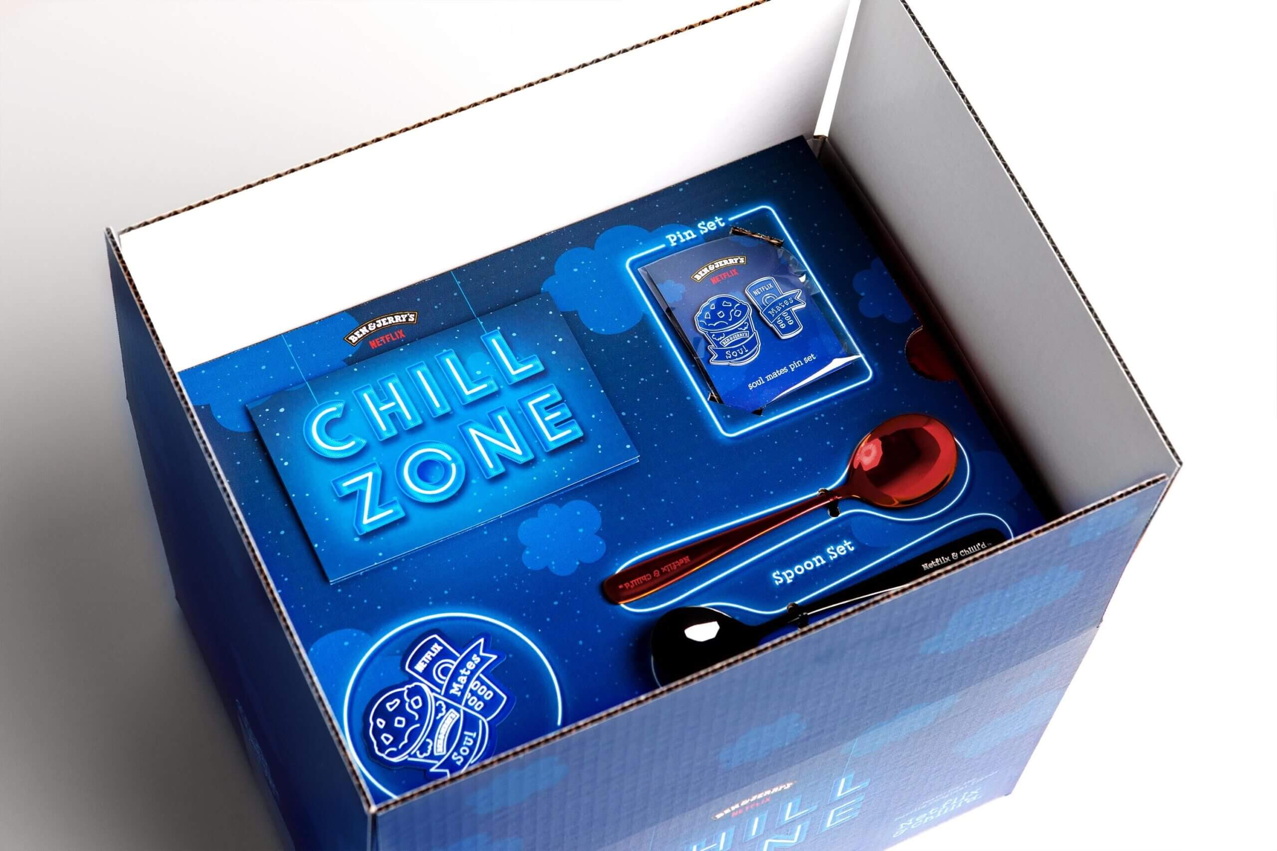 A box of Ben & Jerry's merchandise which reads "Chill Zone"