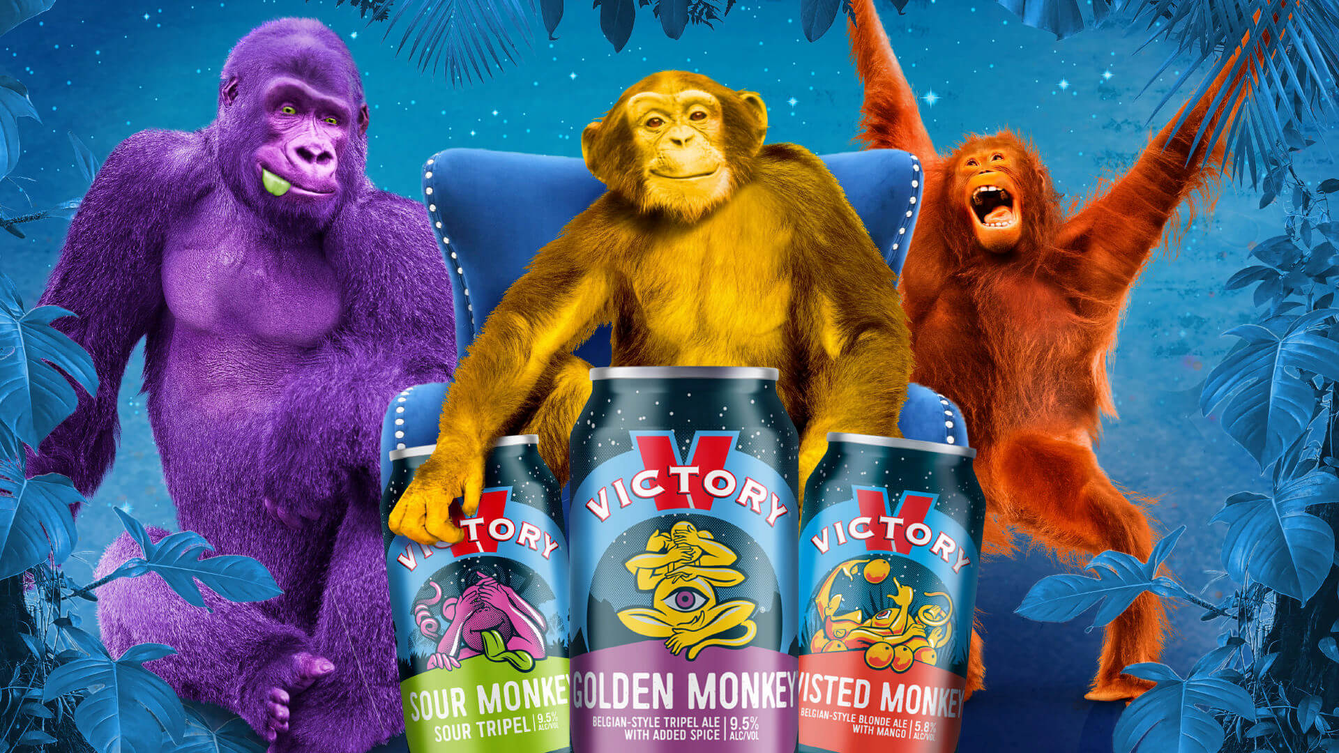 Three brightly colored monkeys sitting behind the three flavors of “Monkey” beers (Sour, Golden, & Twisted)